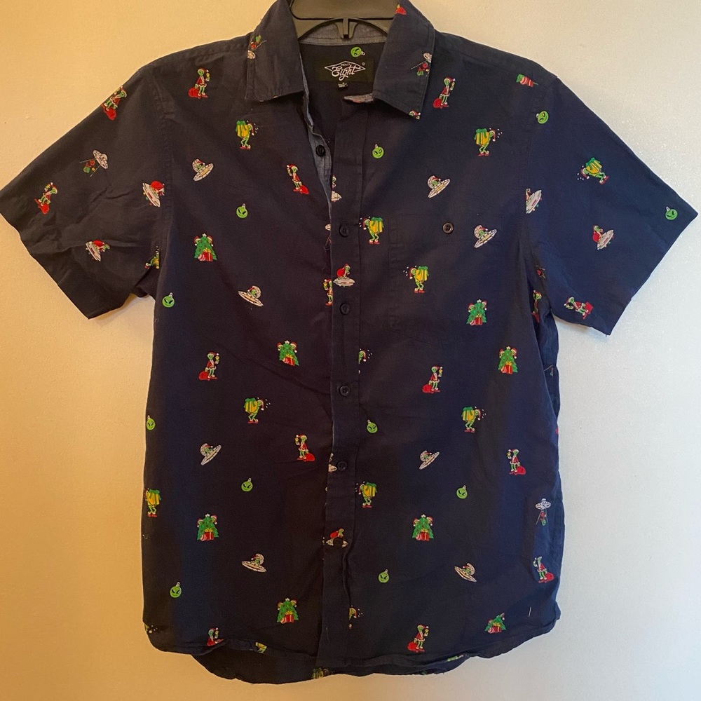 Eighty Eight Brand Christmas Short Sleeve Button Up Shirt - Navy (Size: Small)